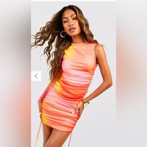 NEW W TAGS Boohoo orange/pink ombré asymmetrical rouched mini dress